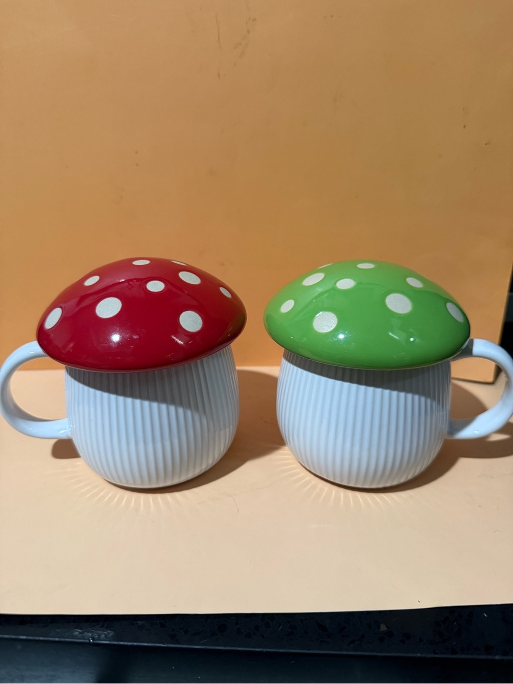 World Market White Ribbed Ceramic Mug with Red or Green Mushroom Lid